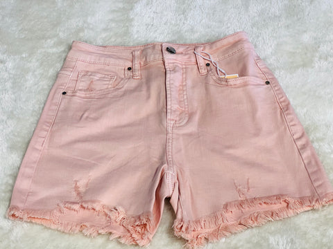 Soft Pink High Rise Distressed Denim Shorts