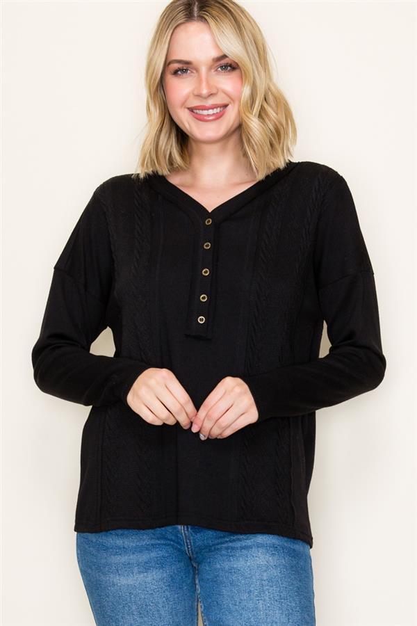 Cable Knit V-Neck Henley Top