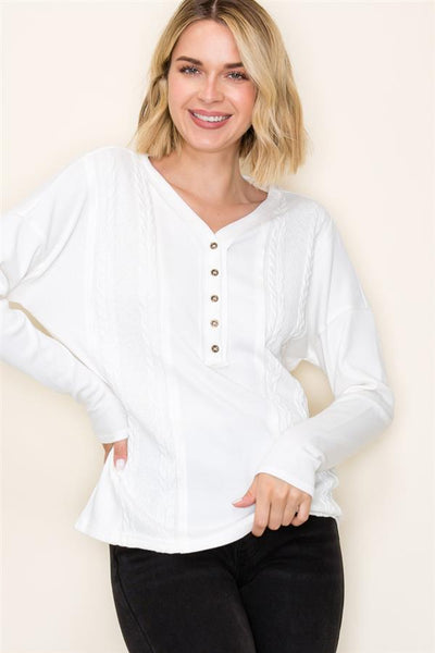 Cable Knit V-Neck Henley Top