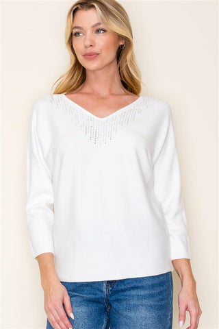 V-Neck Rhinestone Dolman Sweater