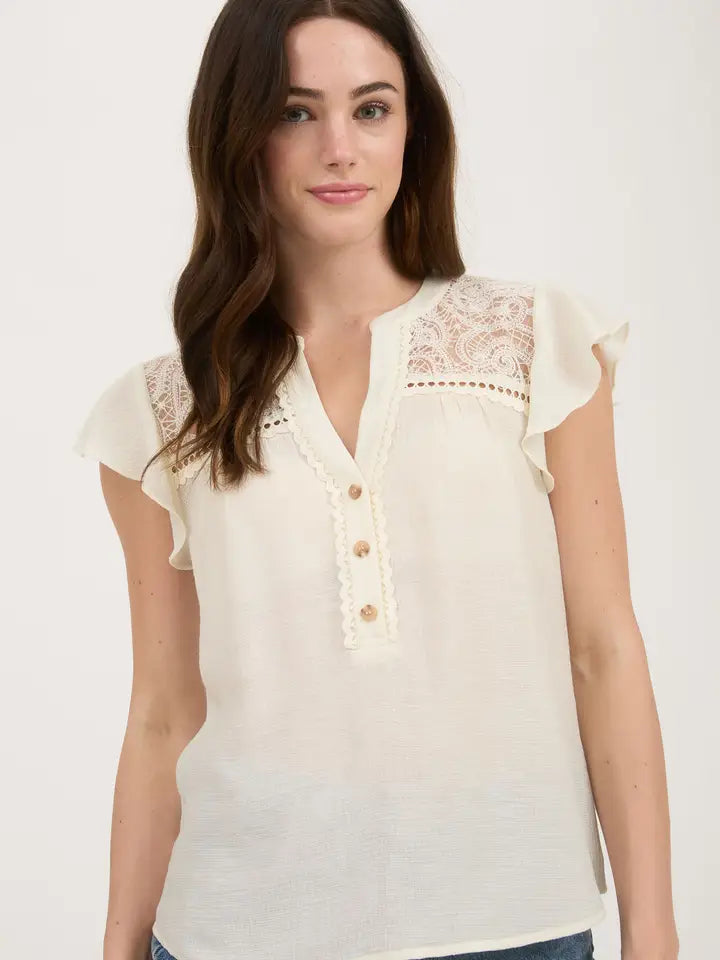 Eyelet Lace Yoke Half Button Blouse