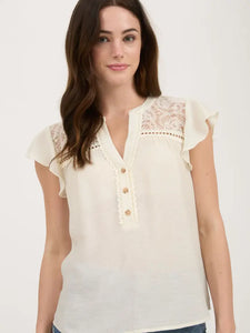 Eyelet Lace Yoke Half Button Blouse