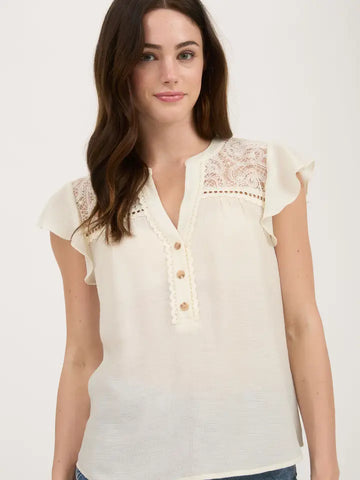Eyelet Lace Yoke Half Button Blouse