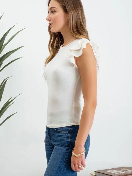 Solid Ruffle Flutter Sleeve Knit Top