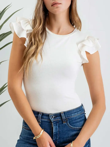 Solid Ruffle Flutter Sleeve Knit Top