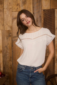 Lace Trim Pleated Yoke Short Sleeve Top