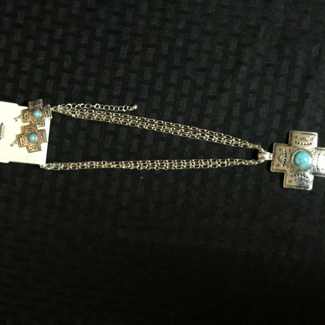 Turquoise Crosslands Silvertone Necklace and Earring Set