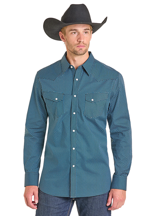 Men's Rock & Roll Denim Geo Pattern Long Sleeve Snap