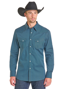 Men's Rock & Roll Denim Geo Pattern Long Sleeve Snap
