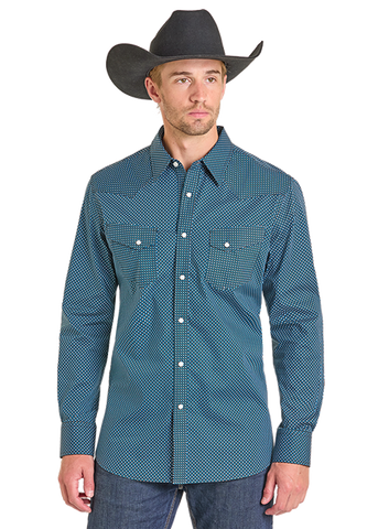 Men's Rock & Roll Denim Geo Pattern Long Sleeve Snap