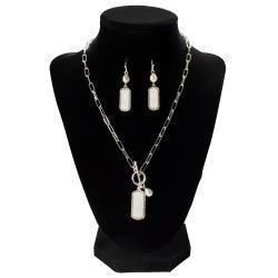 Blazin Roxx Necklace and Earring Set Opal Stones Rectangle White