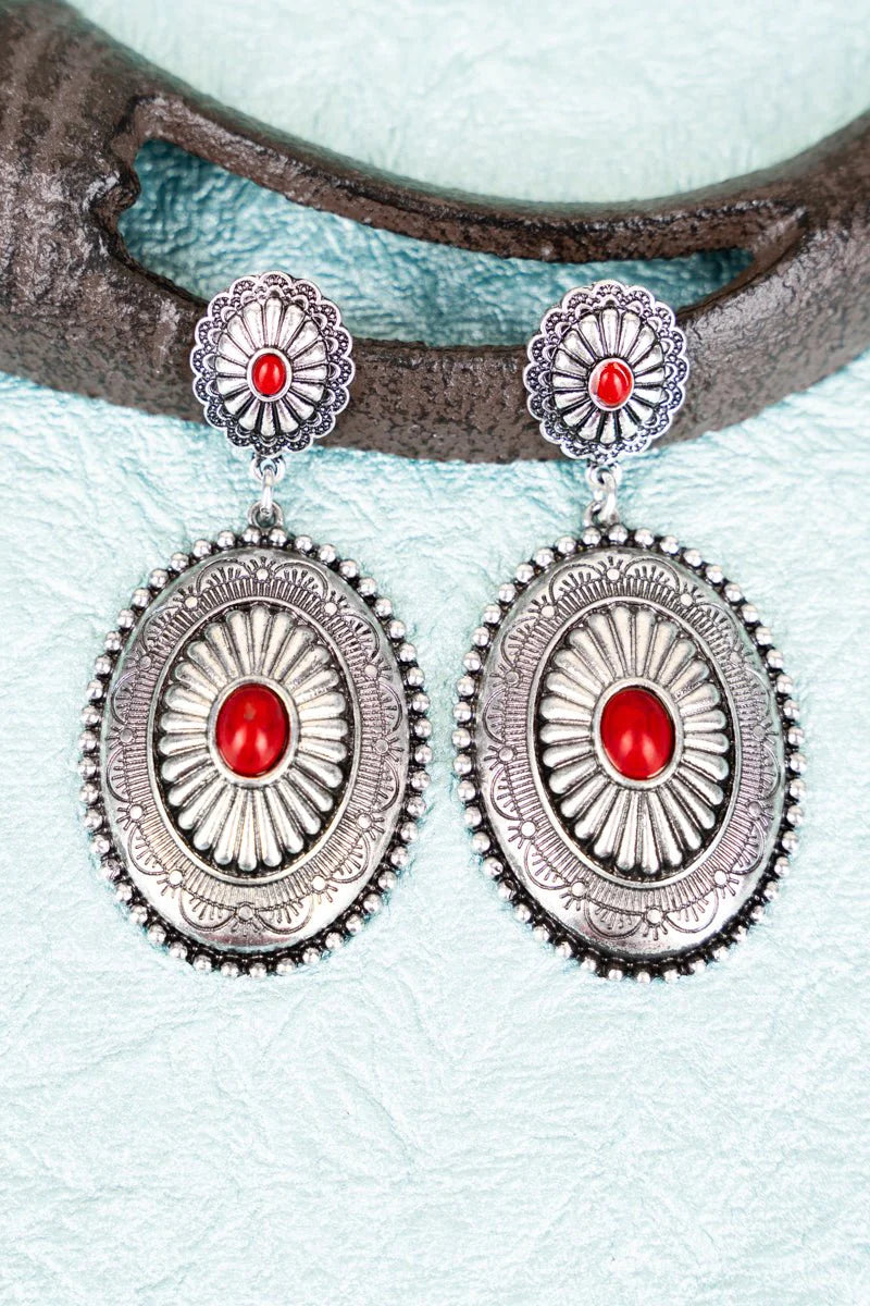 Carolee Concho Red and Silvertone Earrings