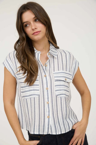 STRIPE SLEEVELESS BUTTON DOWN SHIRT