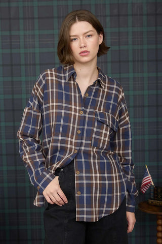 PLAID BUTTON DOWN POCKET DETAIL LONG SLEEVE SHIRT