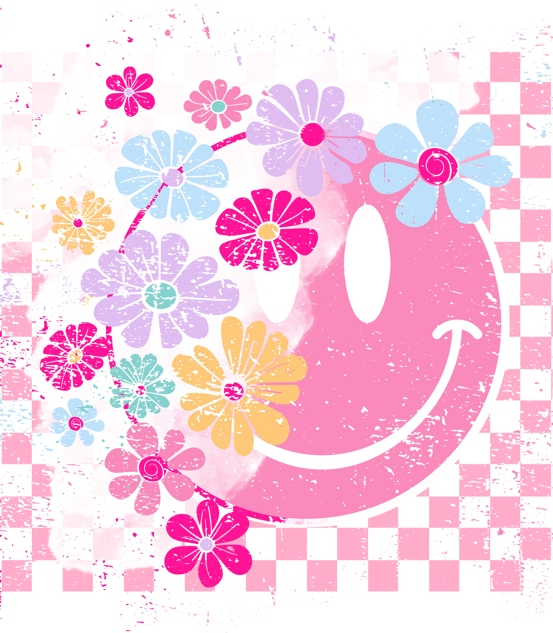 Floral Checkered Smiley Face Print