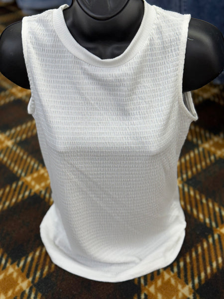 White Seersucker Knit Sleeveless Top