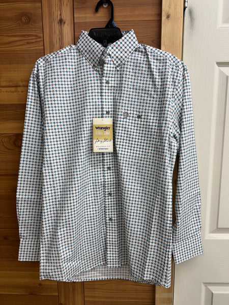 Wrangler® George Strait Collection One Pocket Long Sleeve Teal Geometric Shirt - Relaxed Fit