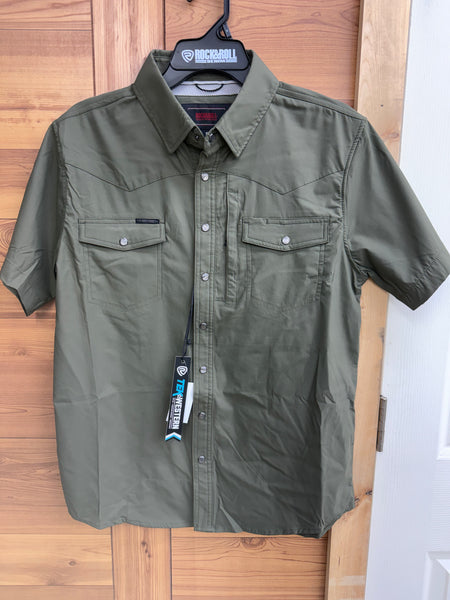 Men's Rock & Roll Denim Olive TEK Western Nylon Short Sleeve Pearl Snap