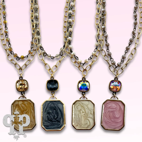 Pink Panache Pearlescent Rectangle with Austrian Crystal Double Strand Necklace