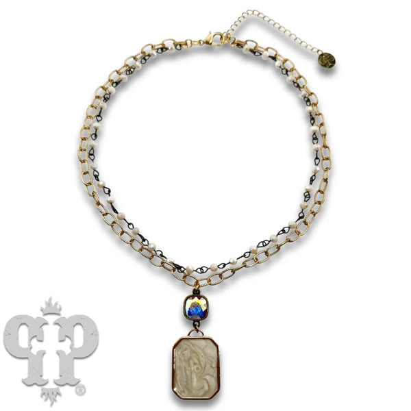 Pink Panache Pearlescent Rectangle with Austrian Crystal Double Strand Necklace