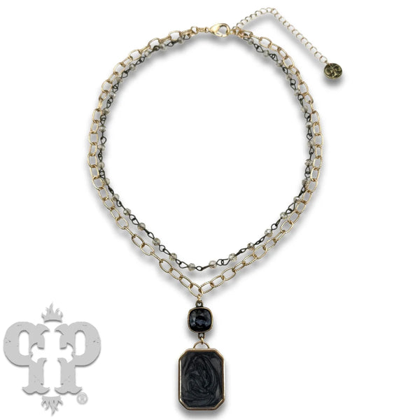Pink Panache Pearlescent Rectangle with Austrian Crystal Double Strand Necklace