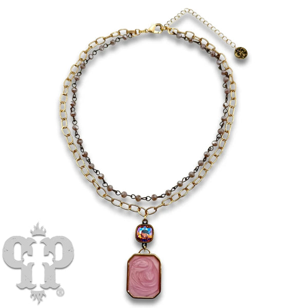 Pink Panache Pearlescent Rectangle with Austrian Crystal Double Strand Necklace