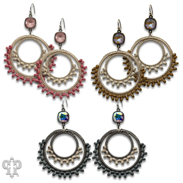 Pink Panache Macrame Woven Double Circle Earrings with Swarovski Crystals