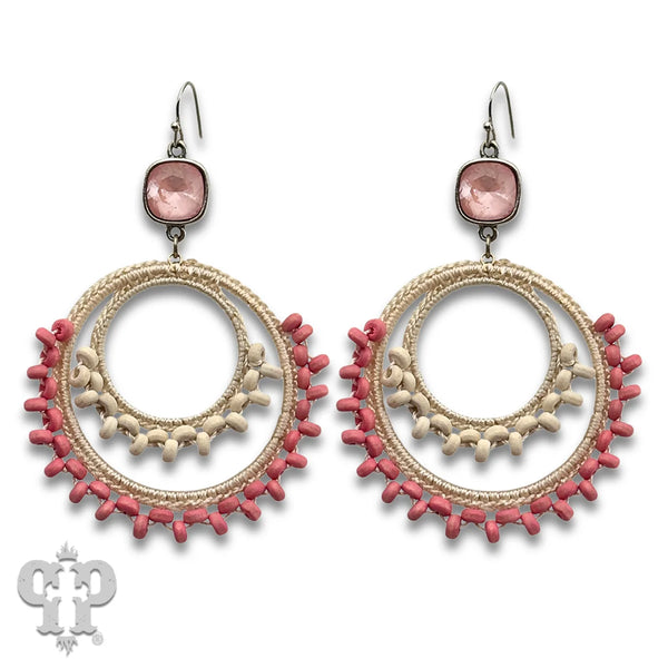 Pink Panache Macrame Woven Double Circle Earrings with Swarovski Crystals