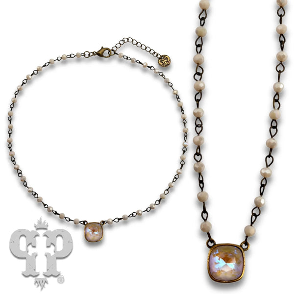 Pink Panache Linked Bead Necklace with Swarovski Square Crystal