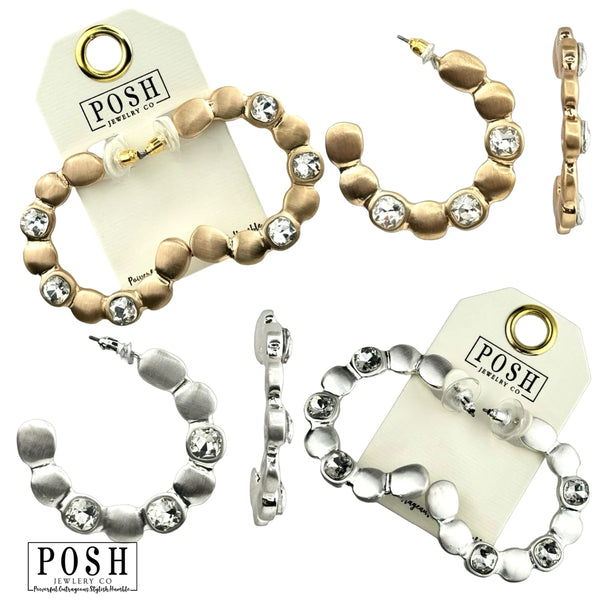 Posh Rhinestone Matte Metal Hoop Earrings