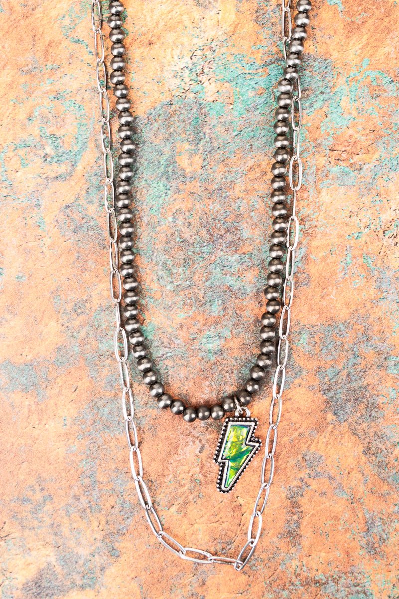 Iridescent Turquoise Lightning Bolt Silvertone Layered Necklace