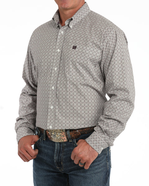 Cinch Men's Stretch Classic Fit Burgundy Diamond Long Sleeve Button Down
