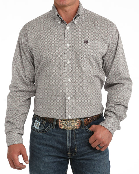 Cinch Men's Stretch Classic Fit Burgundy Diamond Long Sleeve Button Down