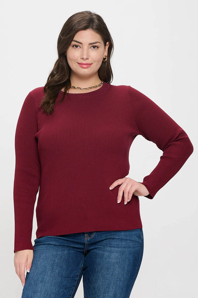 SOLID CREWNECK LONG SLEEVE RIBBED SWEATER