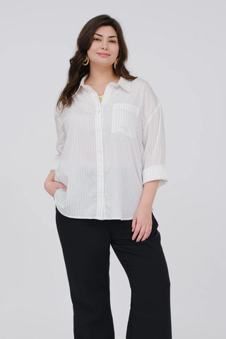 Plus Long Sleeve Strip Button Down Shirt