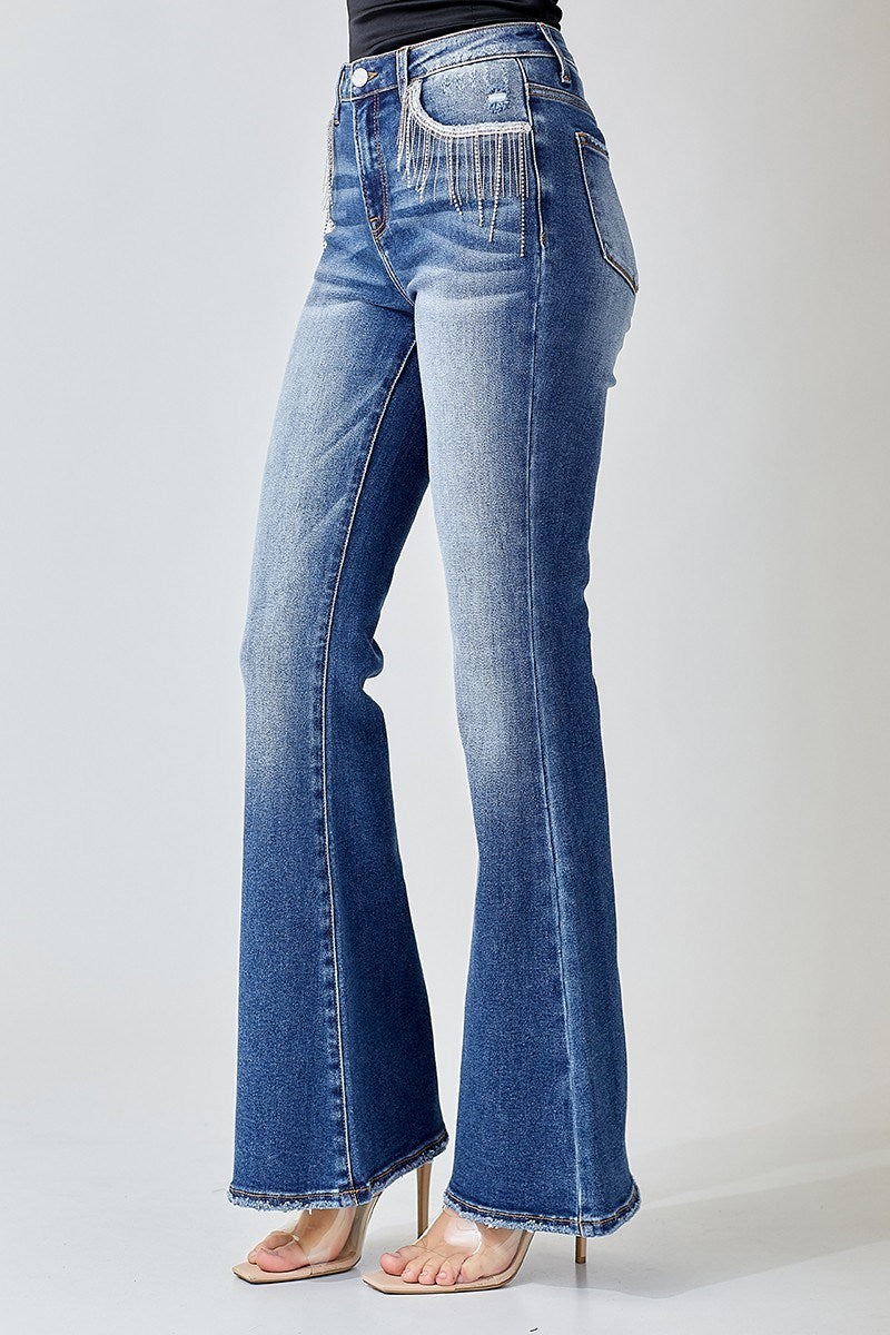 Risen High Rise Embellished Flare Denim