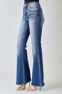 Risen High Rise Embellished Flare Denim
