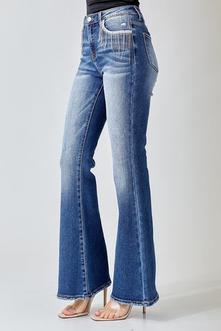 Risen High Rise Embellished Flare Denim