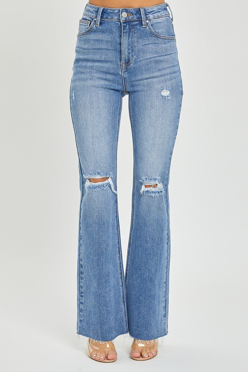 Risen High Rise Distressed Flare Denim