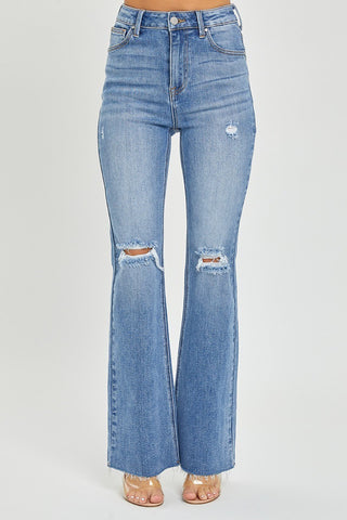 Risen High Rise Distressed Flare Denim
