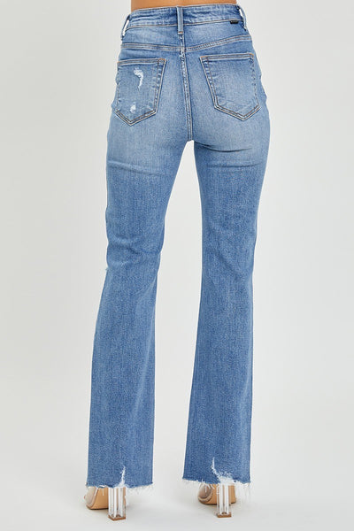 Risen High Rise Distressed Flare Denim
