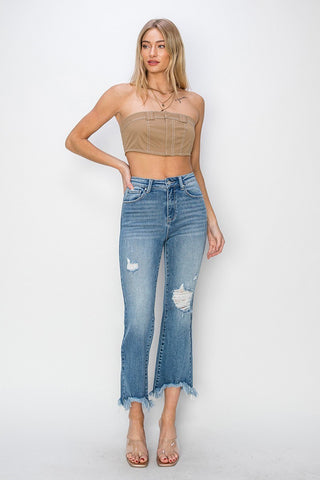 Risen High Rise Fray Hem Crop Denim