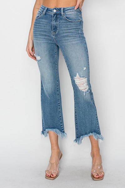 Risen High Rise Fray Hem Crop Denim