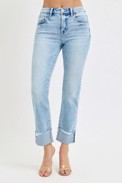 Risen Tummy Control High Rise Straight Cuffed Jeans