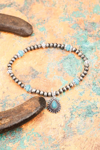 Topeka Turquoise and Silver Pearl Teardrop Concho Bracelet