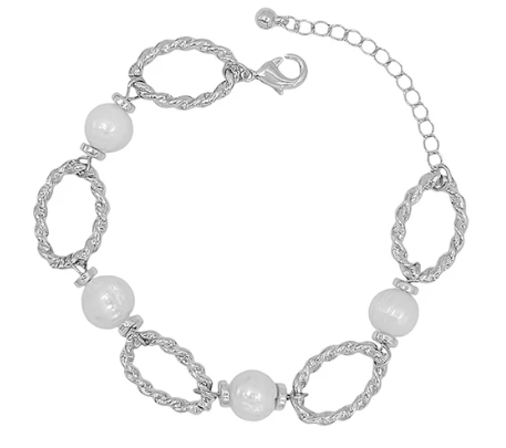 Pearl and Open Silver Textured Bracelet