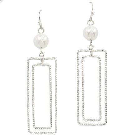 Silver Pearl with Open Rectangle Earrings