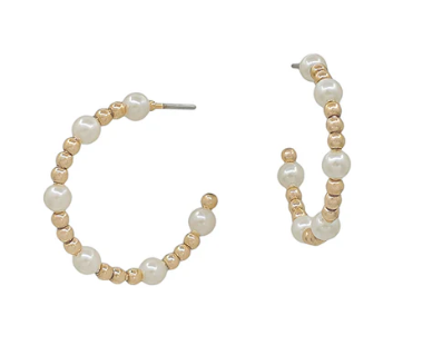 Gold Beaded and Pearl Hoop Earrings