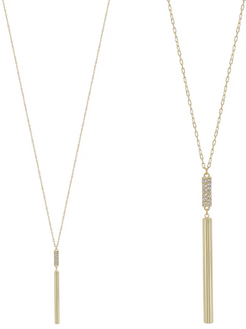 Gold Rhinestone Cylinder and Bar Drop Necklace