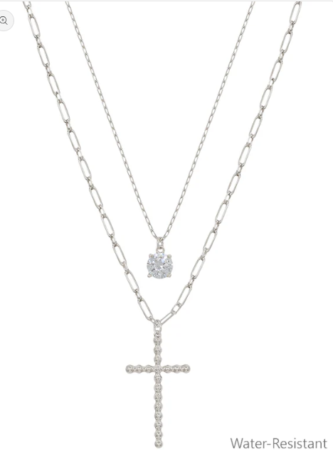 Cross Charm Layered Crystal Necklace